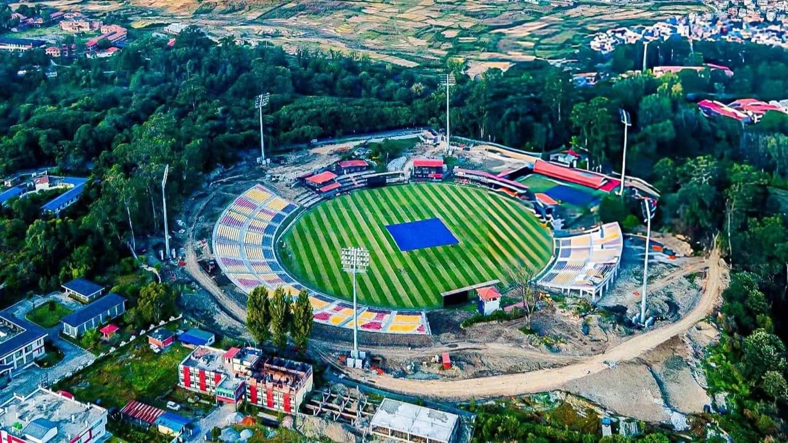 Aerial view of the TU Cricket Stadium in Kirtipur in 2025